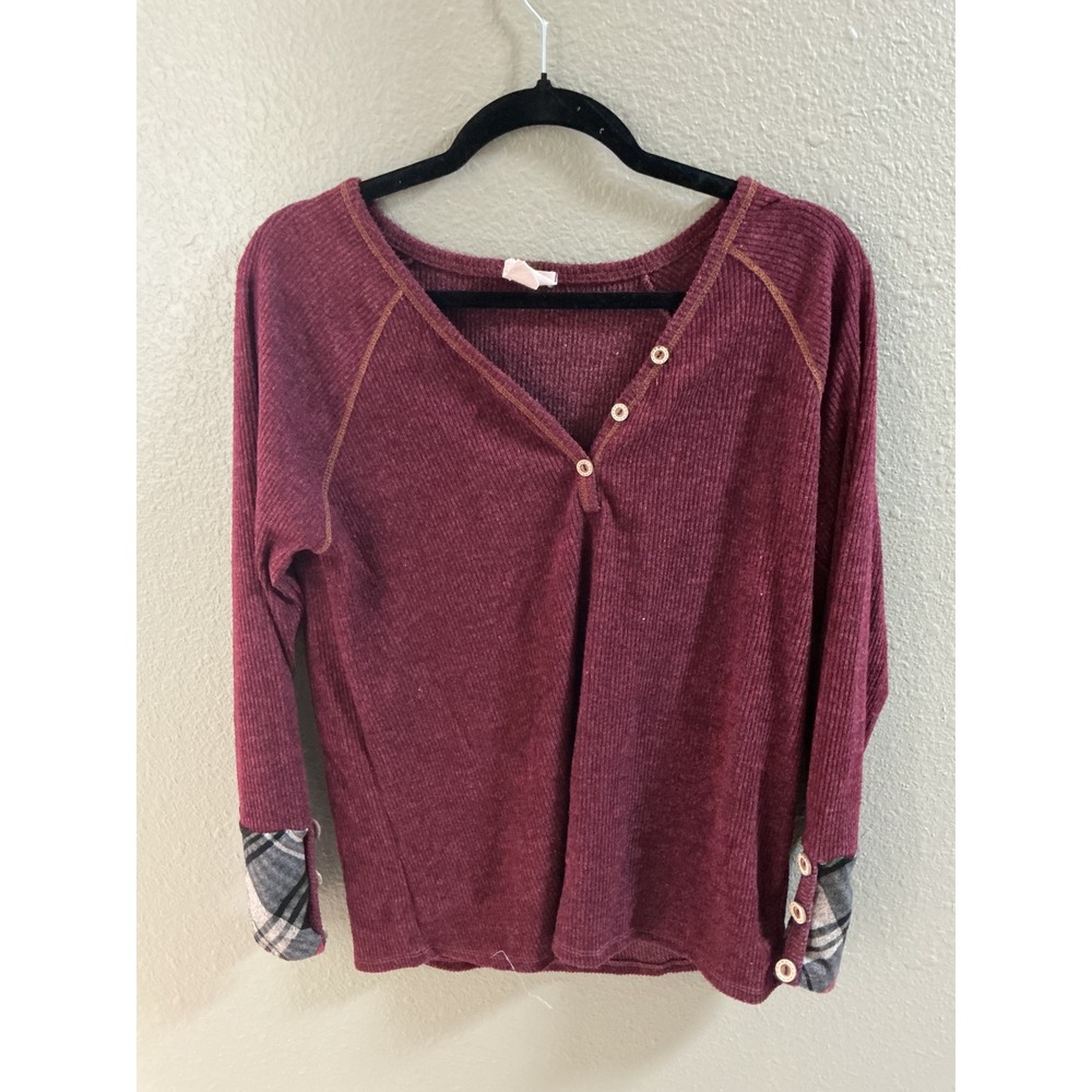 BiBi Burgundy Waffle Knit Henley Top Plaid Trim Cuffs Maroon Thermal L